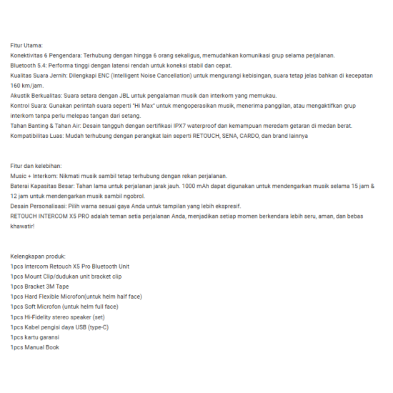 RETOUCH INTERCOM BT HEADSET X5 PRO