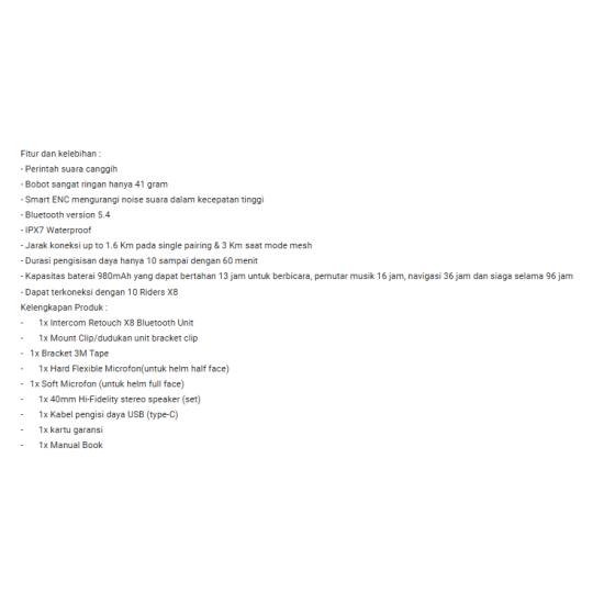 RETOUCH MESH INTERCOM BT HEADSET X8 RETOUCH MESH INTERCOM BT HEADSET X8